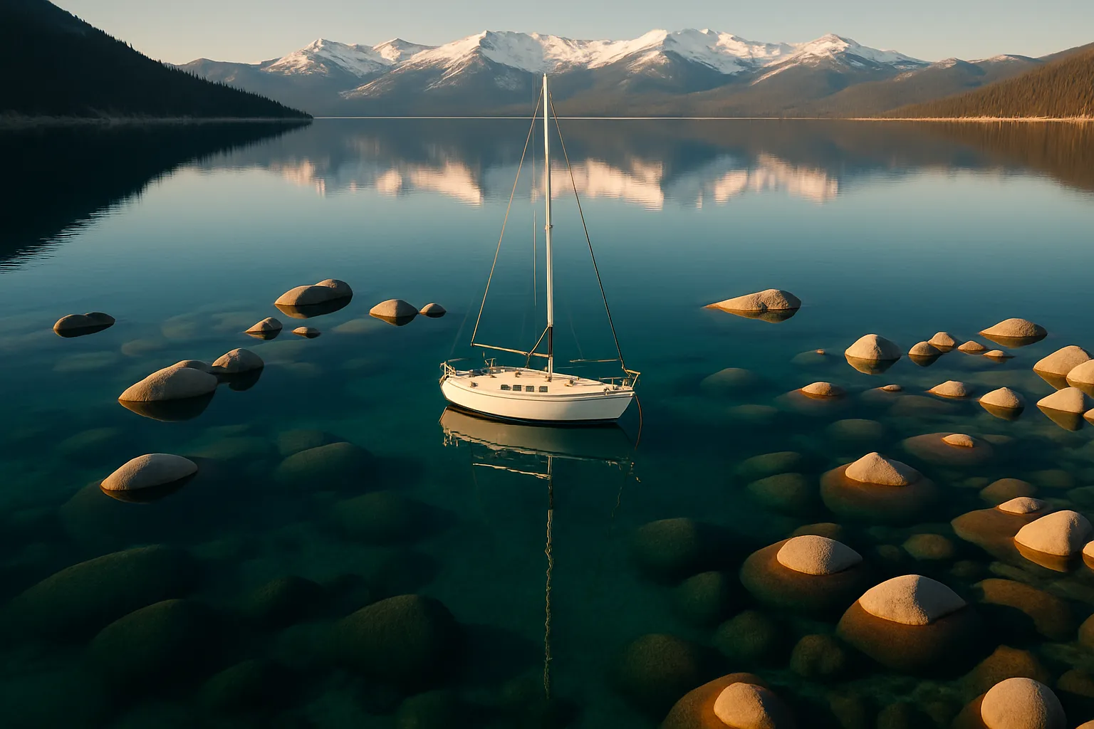 Lone sailboat on a pristine alpine inland lake with snow-capped mountains reflected in still water