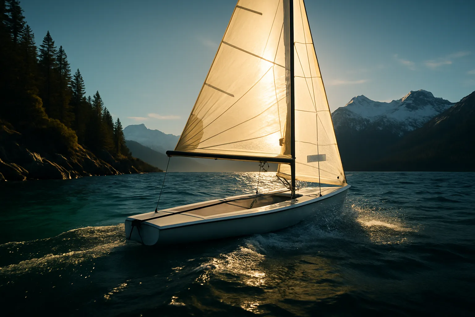 Sailing dinghy on a pristine alpine inland lake at dawn with snow-capped mountains in the background