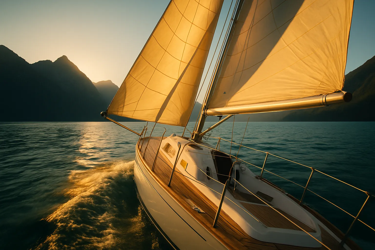 Sailboat heeling through blue water with wind-filled sails and golden afternoon light