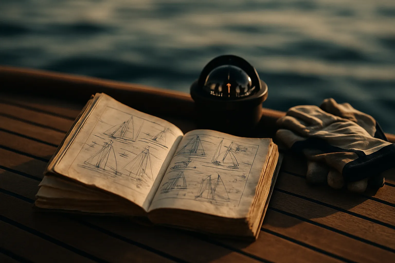 Sailing operations manual open on a boat deck with a compass